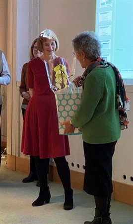 John F Wilkinson Lecture  1st May 2024 -  Presentation of retirement gift by Dr Josanne Holloway  (Society's chairman) to the Society's administrator Fiona Lamb (left)