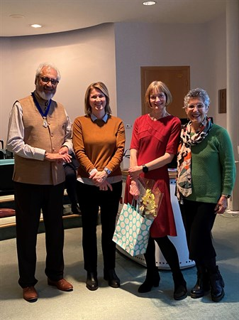 John F Wilkinson Lecture  1st May 2024 - (L to R) Professor J S Bamrah CBE (President 2023-24), Sara Raw (Society's assistant administrator), Fiona Lamb (Society's administrator) and Dr Josanne Holloway (Chairman of the Society)