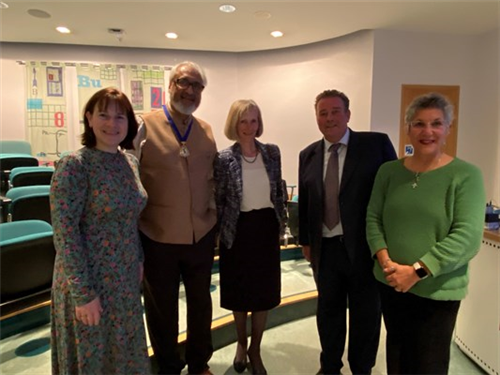 Dr Ruth Gottstein (President 2024-25), Professor JS Bamrah CBE (President 2023-24), Professor Felicity Stewart (President 2025-26), Charlie Massey and Dr Josanne Holloway (Chairman) - (L to R)